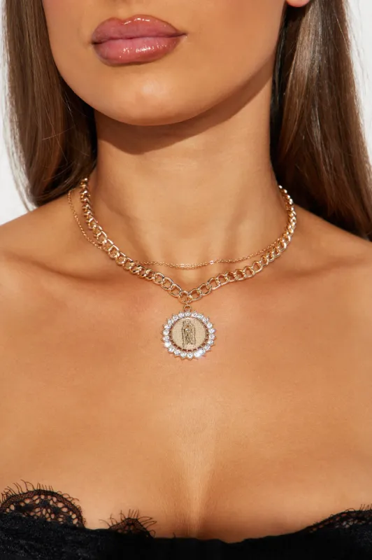 Virgin Mary Rhinestone Necklace - Gold sold by Fashion Nova