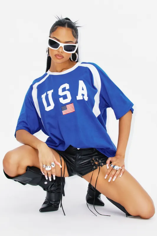 USA All Day Oversized Tee - Blue sold by Fashion Nova