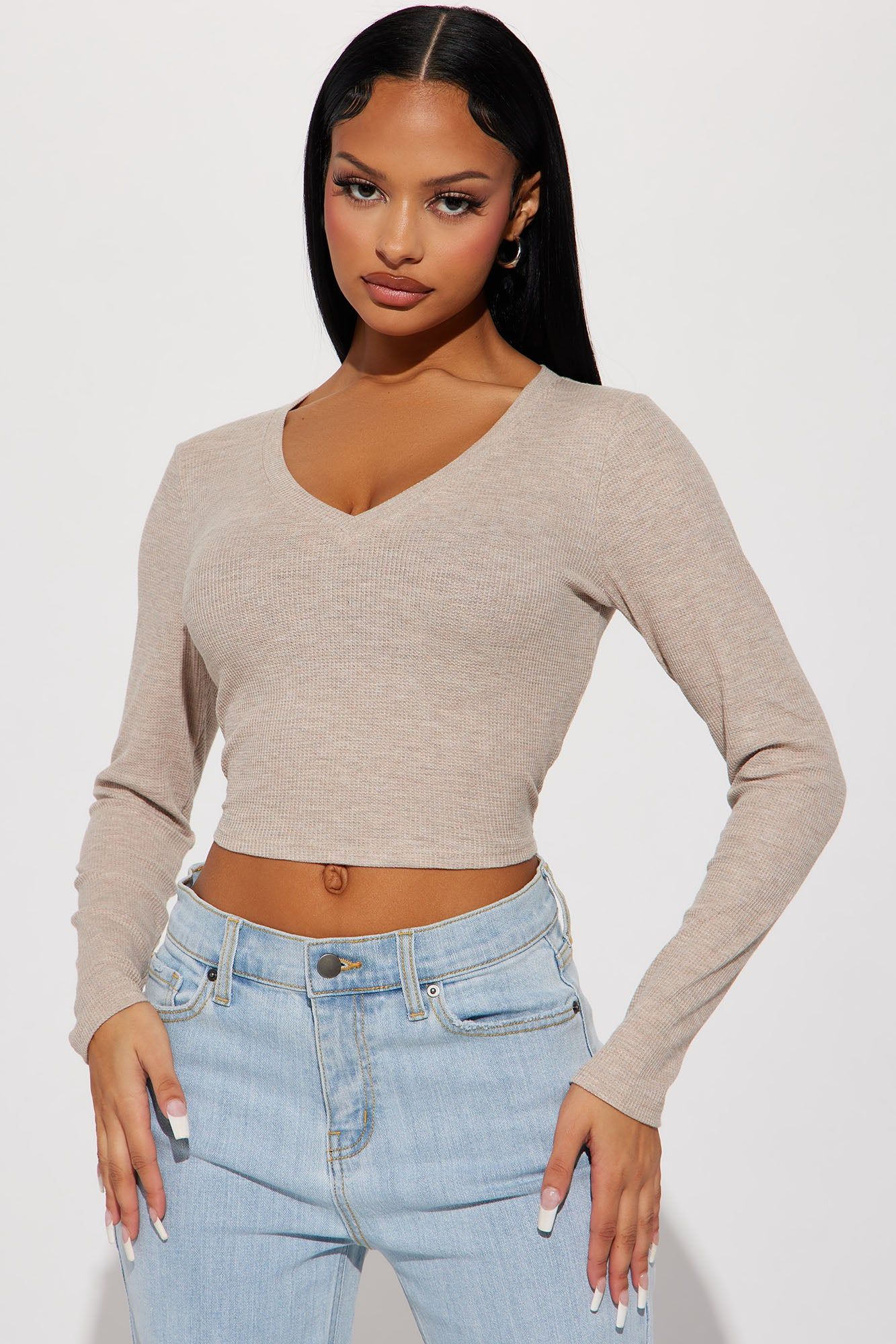 Chill Days Long Sleeve Crop Top - Heather Taupe sold by Fashion Nova