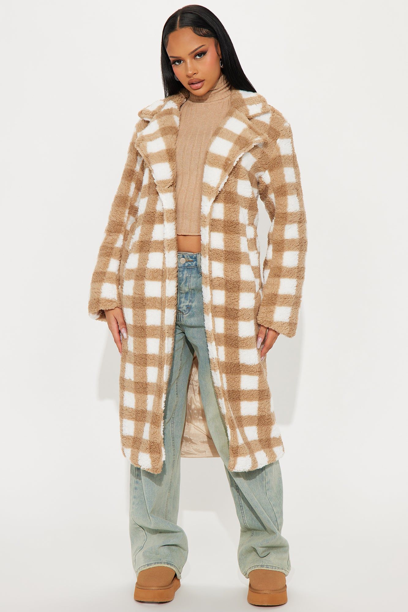 Camilla Sherpa Trench Coat - Taupe/combo sold by Fashion Nova