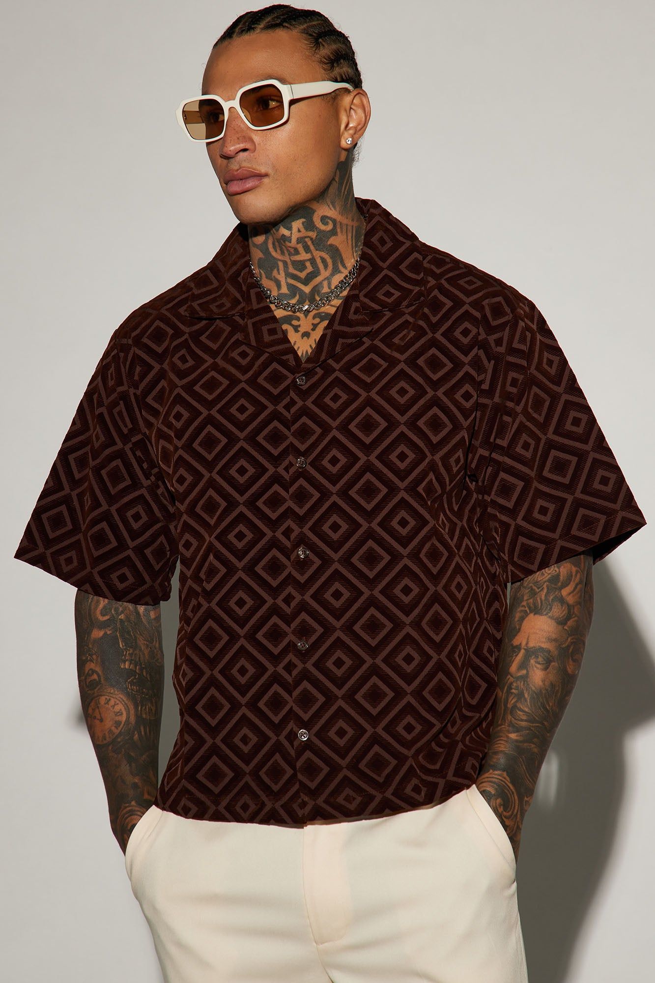 Infinite Lives Geometric Button Up Shirt - Brown sold by Fashion Nova