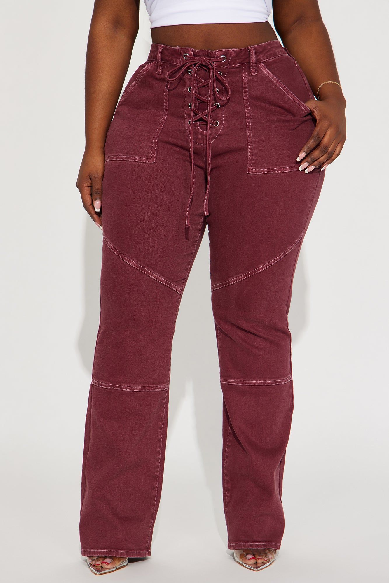 Bordeaux Lace Up Bootcut Jeans - Wine sold by Fashion Nova product image thumbnail 5
