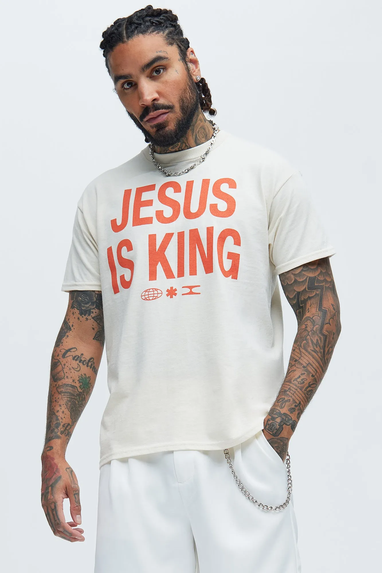 Jesus Is King Short Sleeve Tee - Natural/Combo sold by Fashion Nova