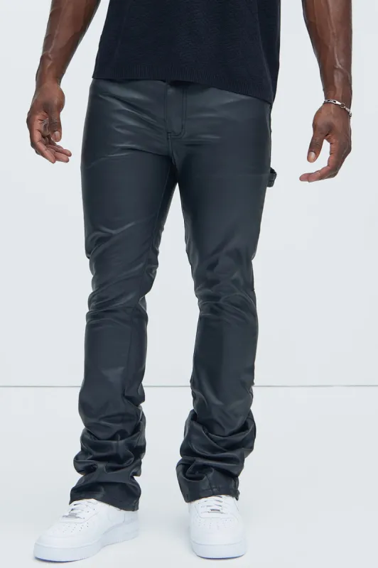 Keep It Solid Faux Leather Stacked Skinny Flare Pants - Black sold by Fashion Nova
