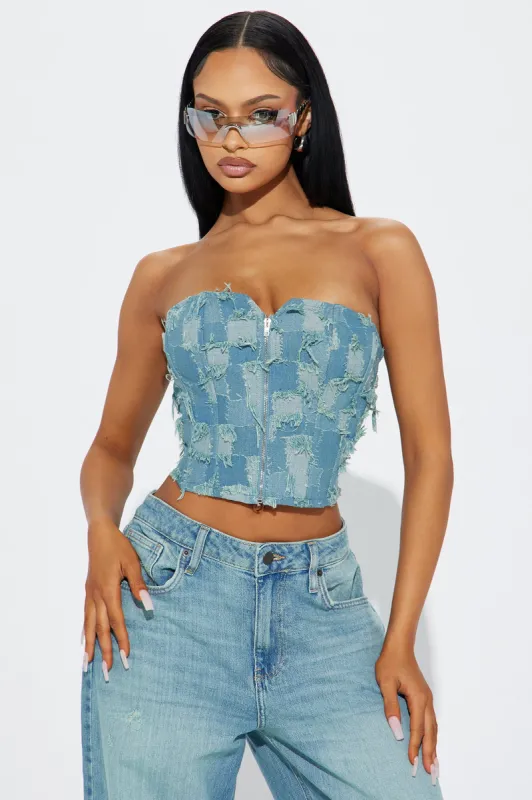 Manhattan Distressed Denim Corset Top - Vintage Wash sold by Fashion Nova