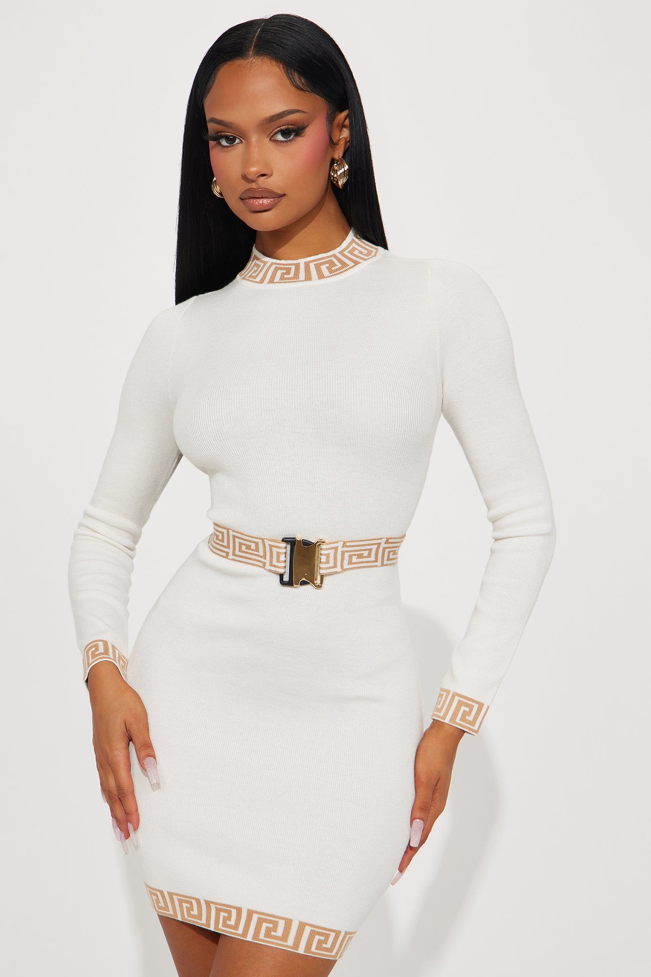 Chilly Season Sweater Mini Dress - Ivory/combo sold by Fashion Nova