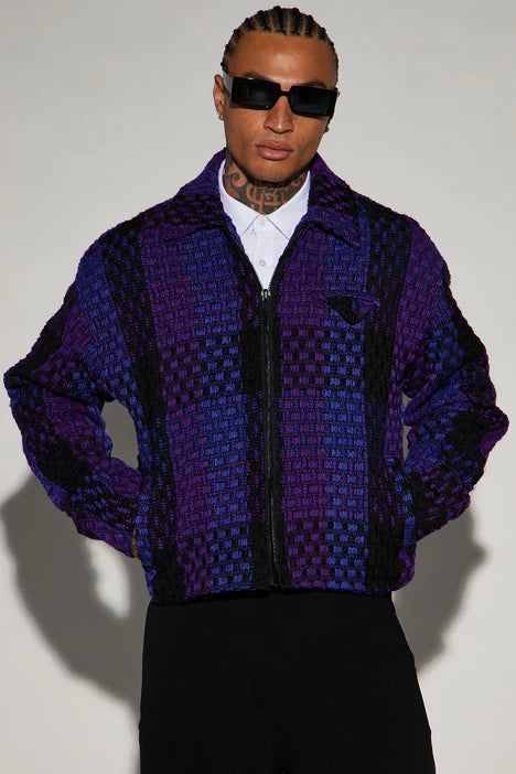 Beverly Tweed Cropped Chore Jacket - Purple/combo sold by Fashion Nova