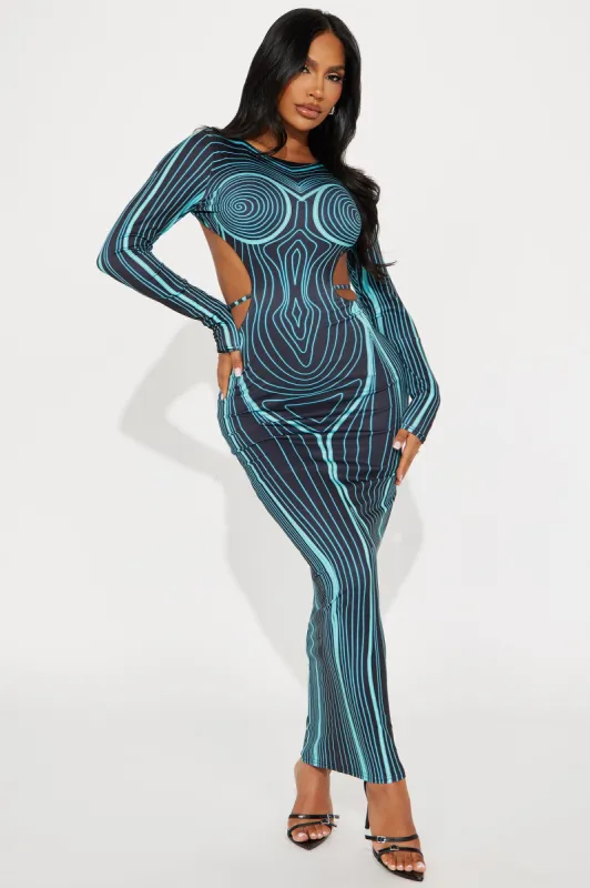 Kia Body Heat Maxi Dress - Teal/combo sold by Fashion Nova