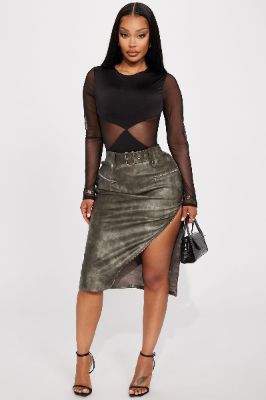 Becky Washed Faux Leather Midi Skirt - Charcoal sold by Fashion Nova