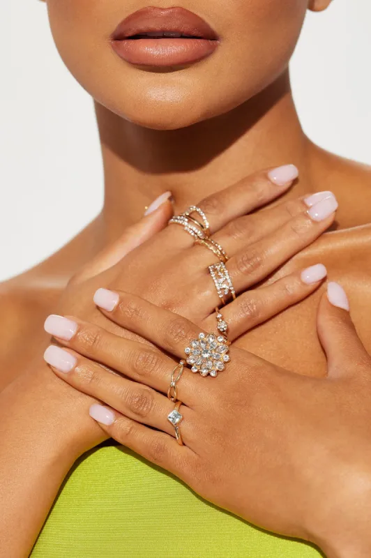 Flowers And Rhinestones Ring Set - Gold sold by Fashion Nova