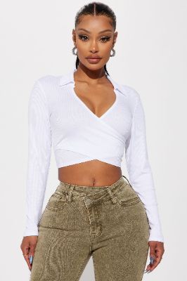 Monica Long Sleeve Wrap Top - White sold by Fashion Nova