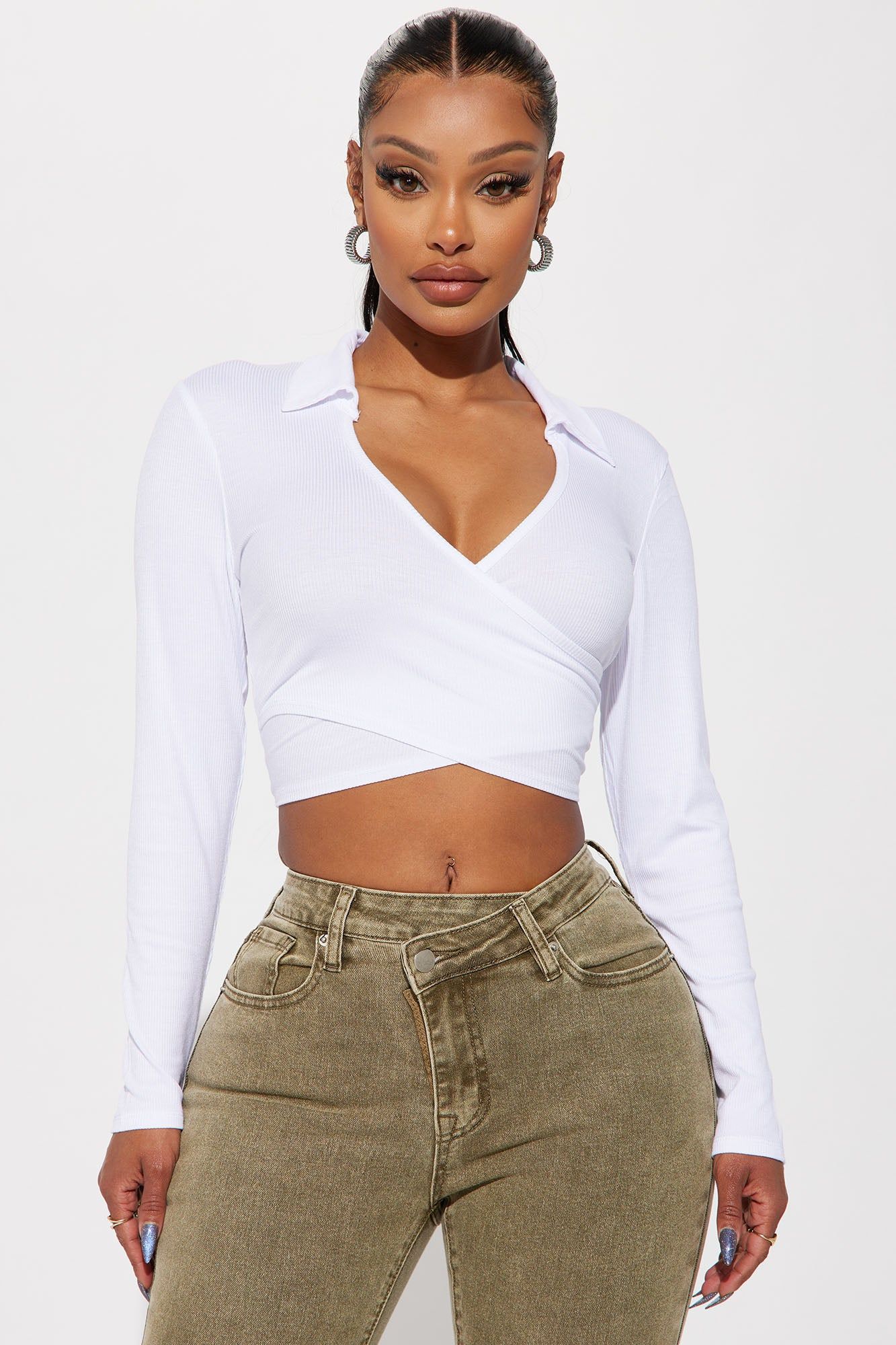 Monica Long Sleeve Wrap Top - White sold by Fashion Nova