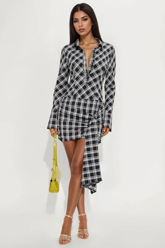 Haisley Plaid Mini Shirt Dress - Black/combo made by Fashion Nova