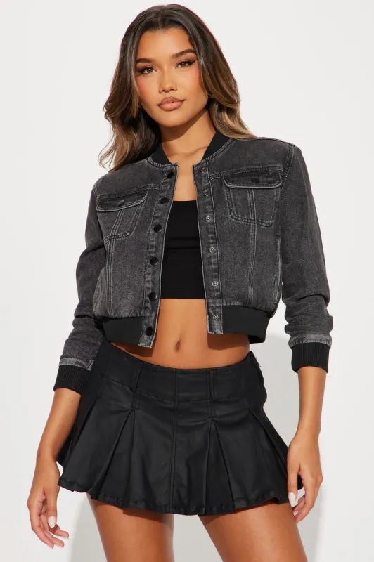 Roadie Denim Bomber Jacket - Black Wash sold by Fashion Nova