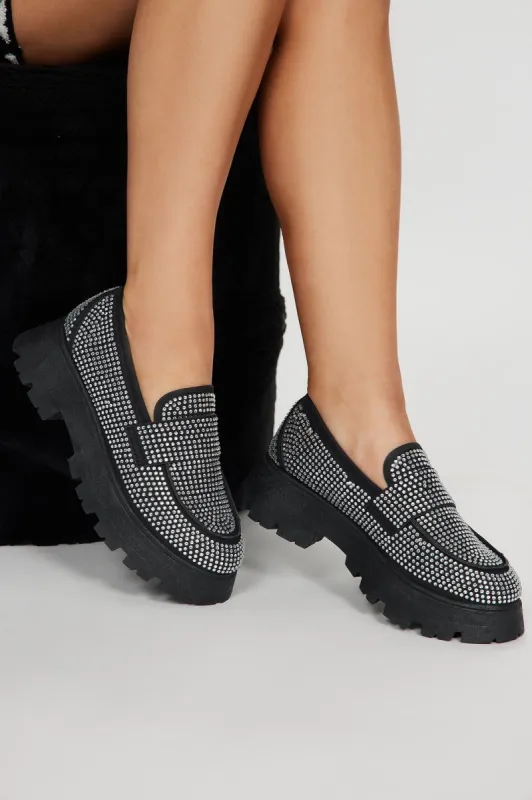Always Stylin' Rhinestone Loafers  - Black sold by Fashion Nova