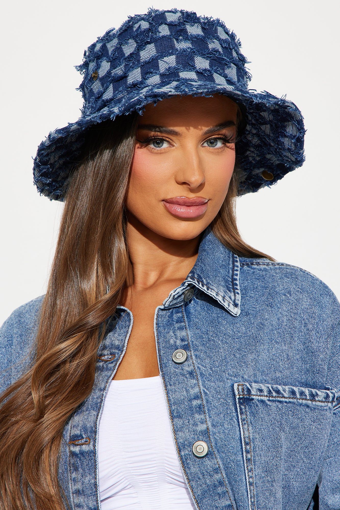 Checkered Denim Bucket Hat - Medium Wash sold by Fashion Nova