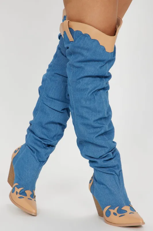 Wild West Rodeo Knee High Heeled Boots - Denim sold by Fashion Nova