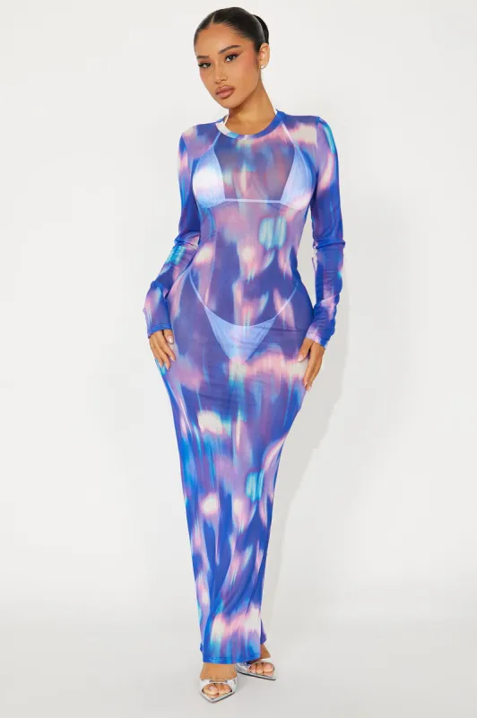 Thalia Mesh Cover Up Maxi Dress - Purple/combo sold by Fashion Nova