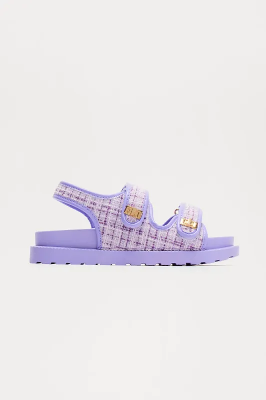 Don't Wait Long Tweed Flat Sandals - Purple sold by Fashion Nova