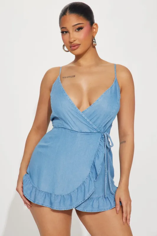 Sights On You Chambray Romper - Light Wash sold by Fashion Nova