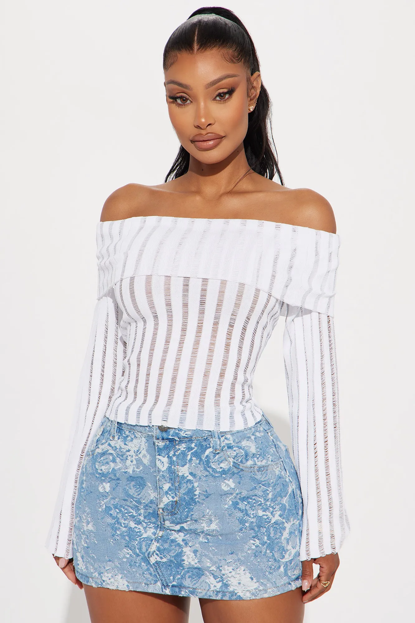 Take Your Time Off Shoulder Sweater - White sold by Fashion Nova