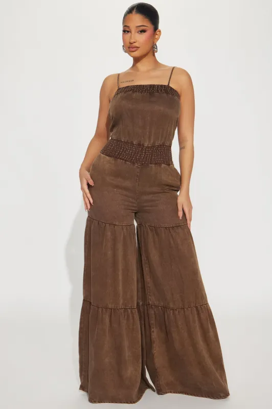 Your Cup Of Tea Chambray Jumpsuit - Brown sold by Fashion Nova