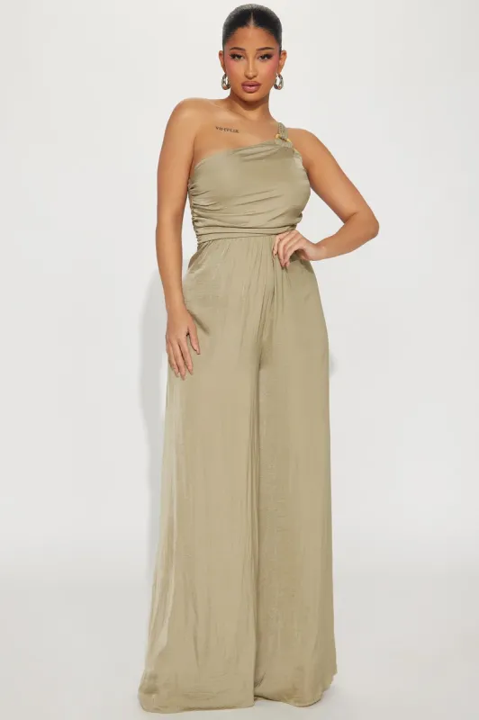 Without Warning Satin Jumpsuit  - Sage sold by Fashion Nova