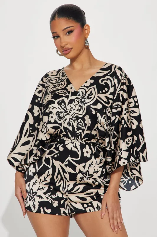 Tropical Dream Satin Romper - Black sold by Fashion Nova