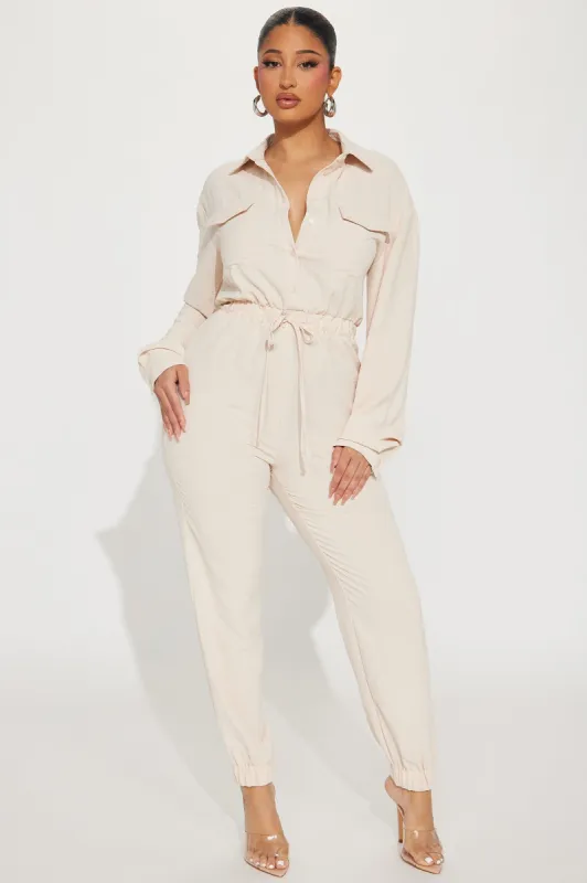 Malakai Jumpsuit - Oatmeal sold by Fashion Nova