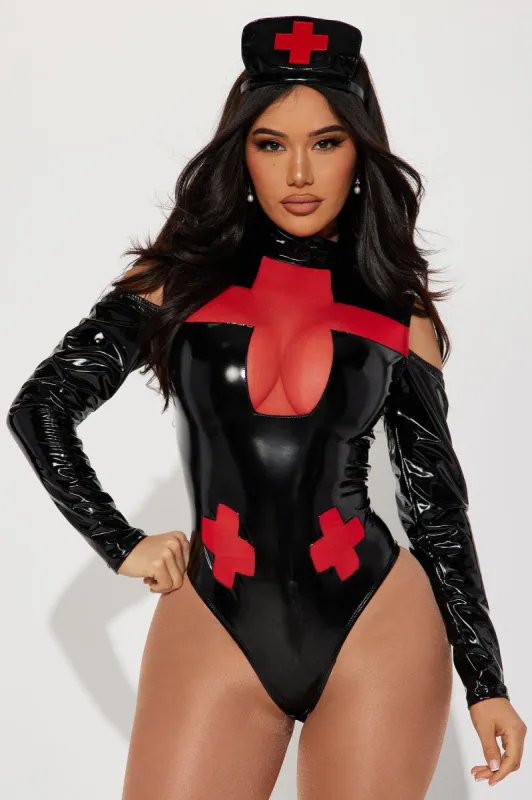 Get Your Heart Racing Nurse 2 Piece Costume Set - Black/Red sold by Fashion Nova