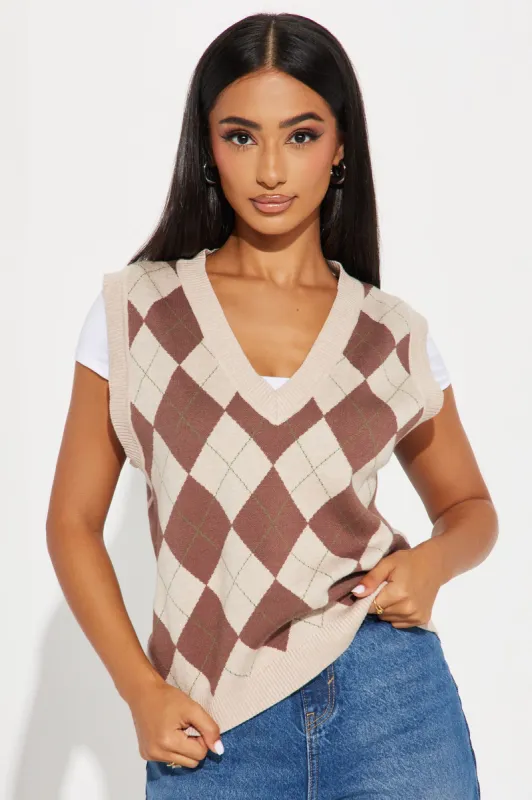 Learning Curve Argyle Sweater Vest - Brown/combo sold by Fashion Nova