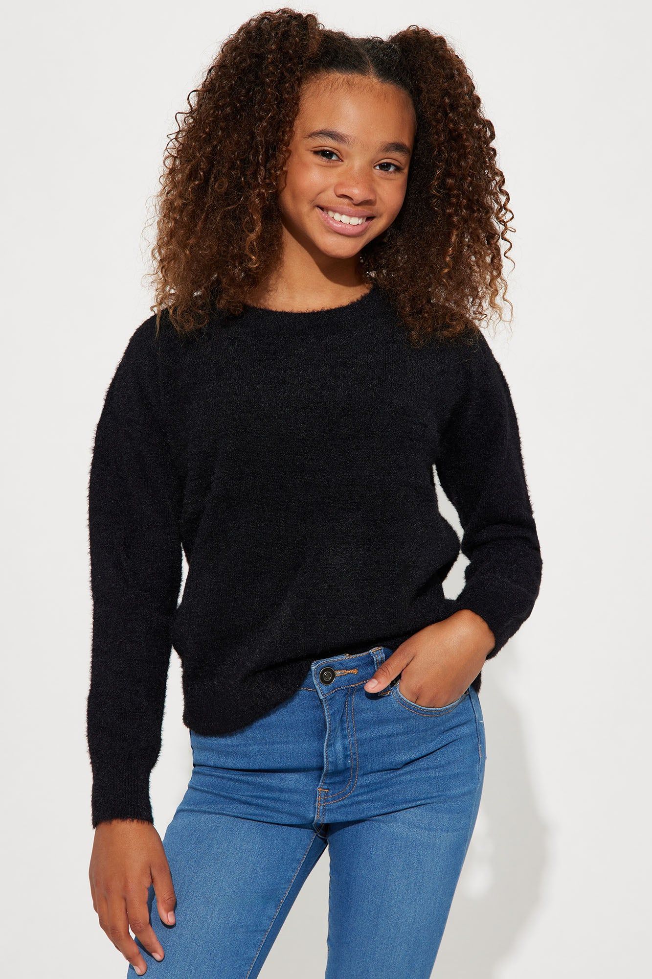 Mini Long Sleeve Crew Neck Pullover Sweater - Black sold by Fashion Nova