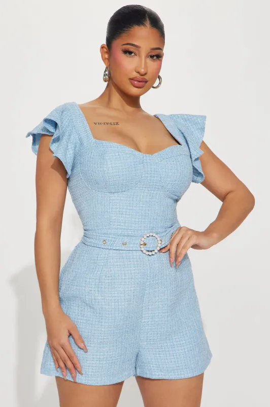 Pretty Girl Tweed Romper - Light Blue sold by Fashion Nova