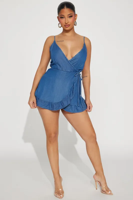 Sights On You Chambray Romper - Dark Wash sold by Fashion Nova