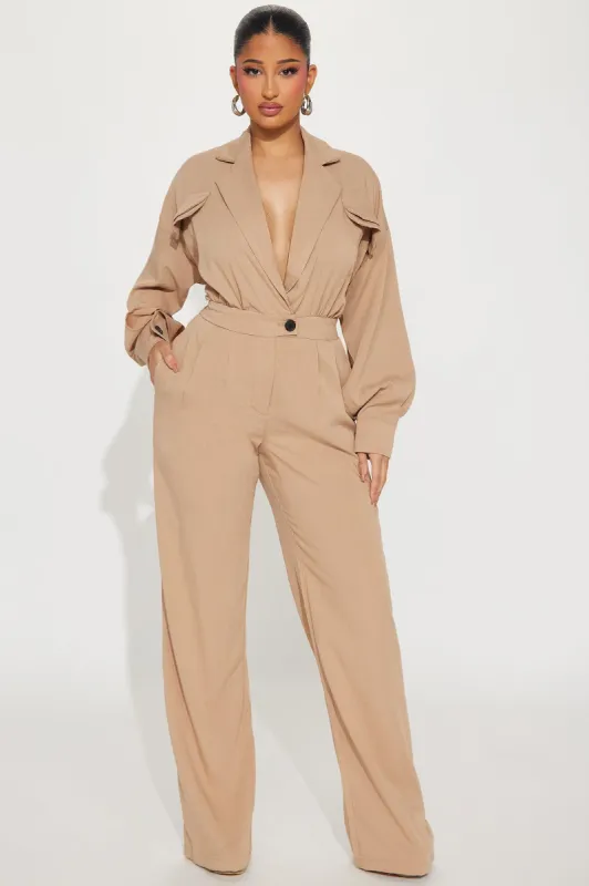 Straight To Business Linen Jumpsuit - Taupe sold by Fashion Nova