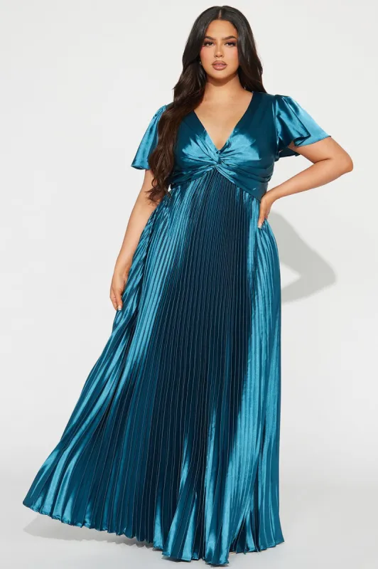Nadine Pleated Satin Gown - Teal sold by Fashion Nova