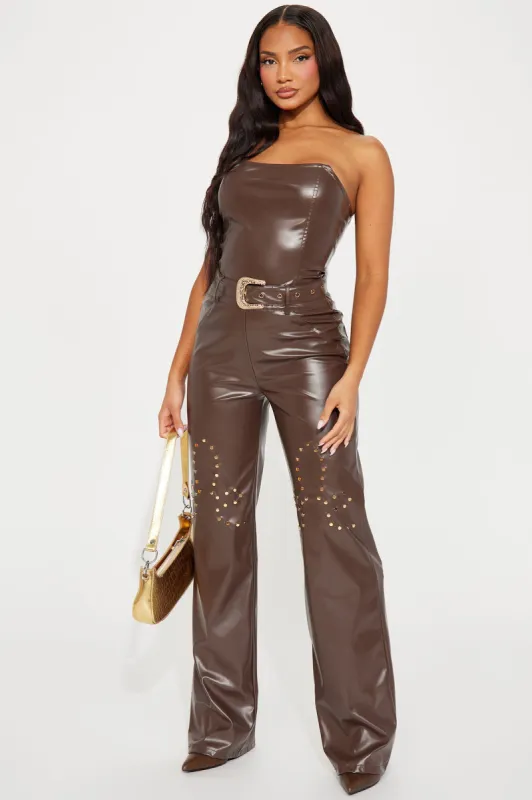 Charleston Faux Leather Jumpsuit - Brown sold by Fashion Nova