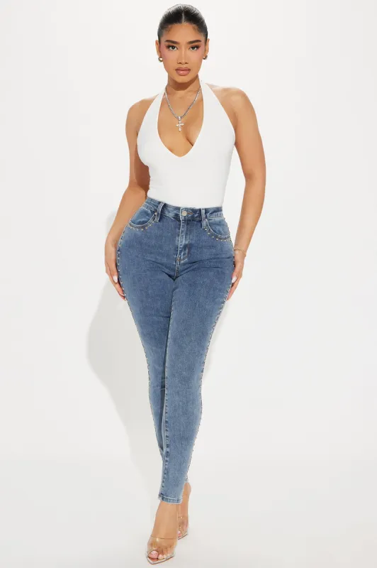 A Different Vibe Studded Stretch Skinny Jeans - Medium Wash sold by Fashion Nova