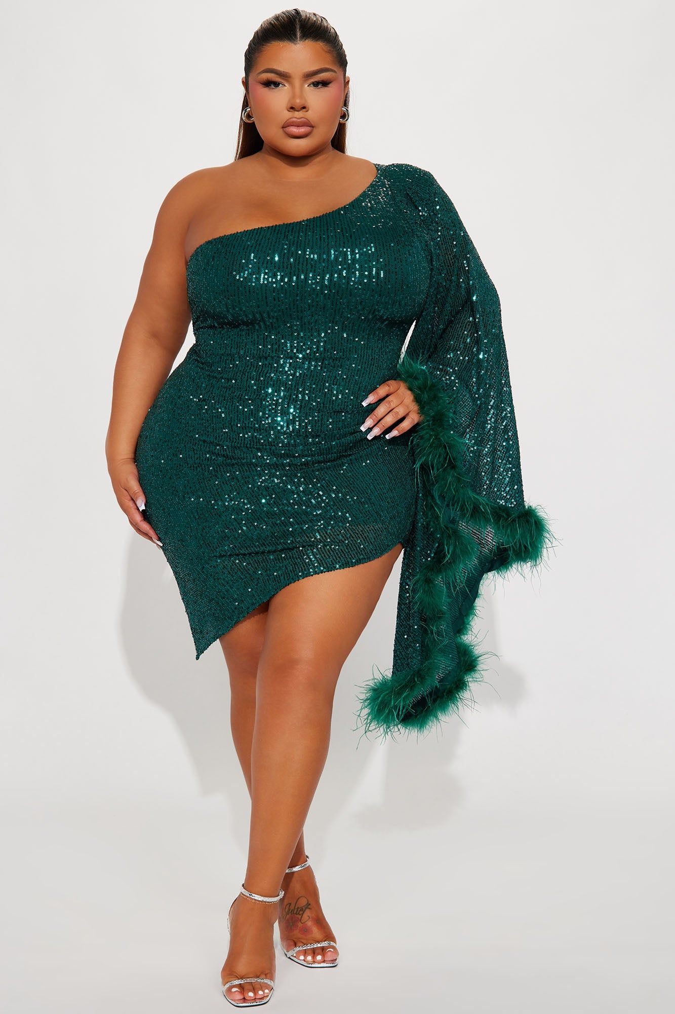 All The Glam Feathered Mini Dress - Hunter sold by Fashion Nova product image thumbnail 4