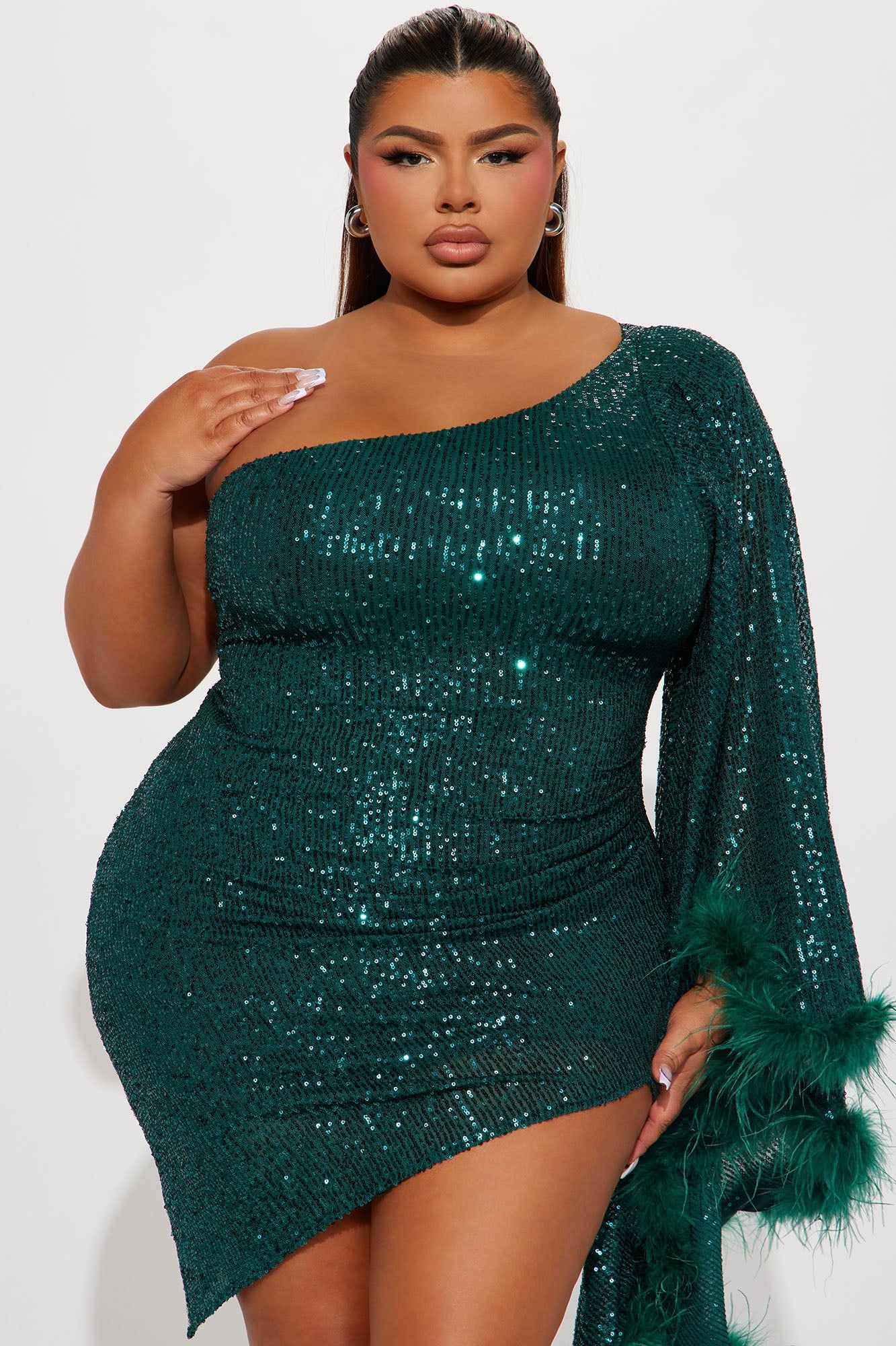 All The Glam Feathered Mini Dress - Hunter sold by Fashion Nova product image thumbnail 5