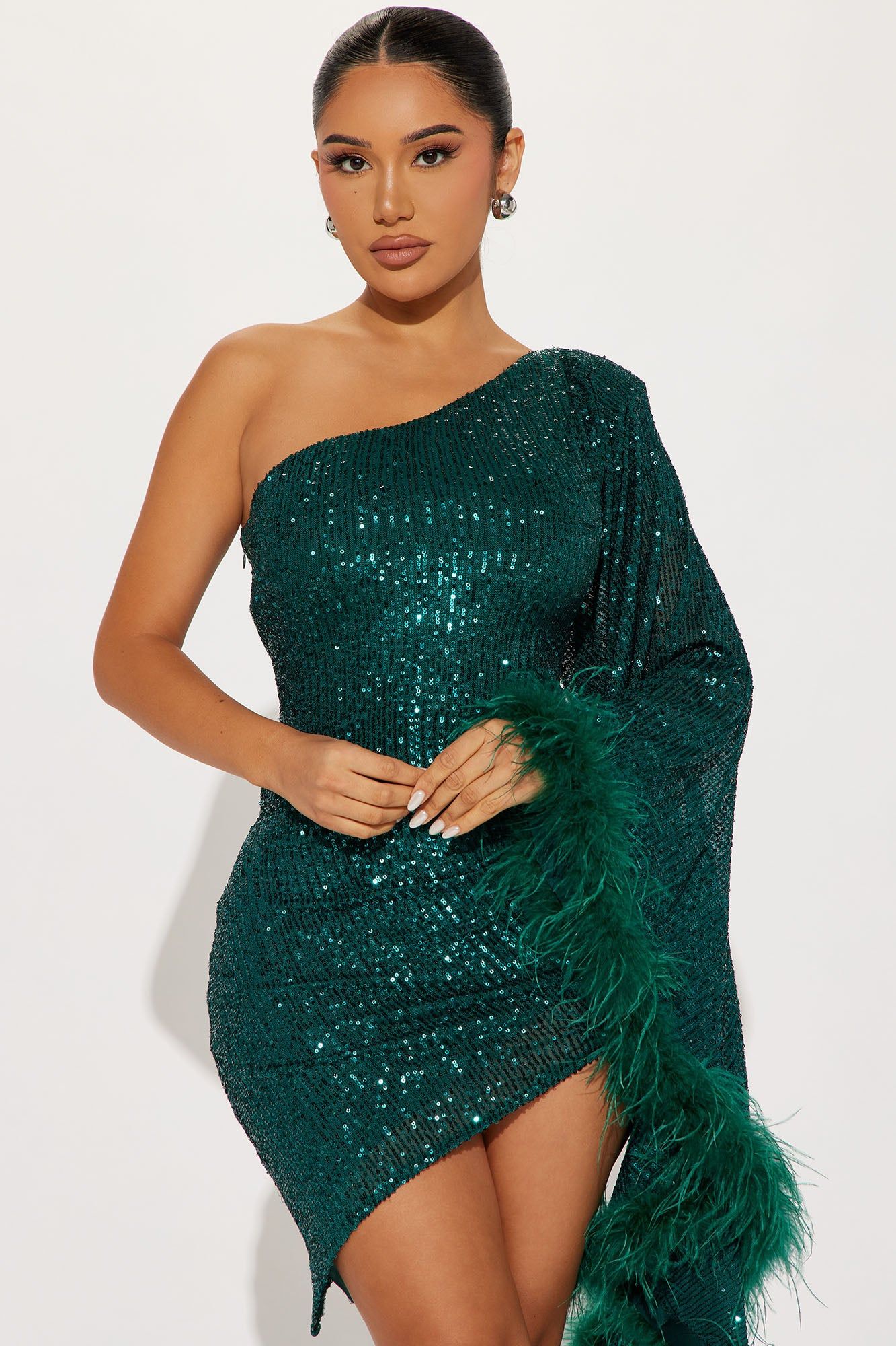 All The Glam Feathered Mini Dress - Hunter sold by Fashion Nova product image thumbnail 2