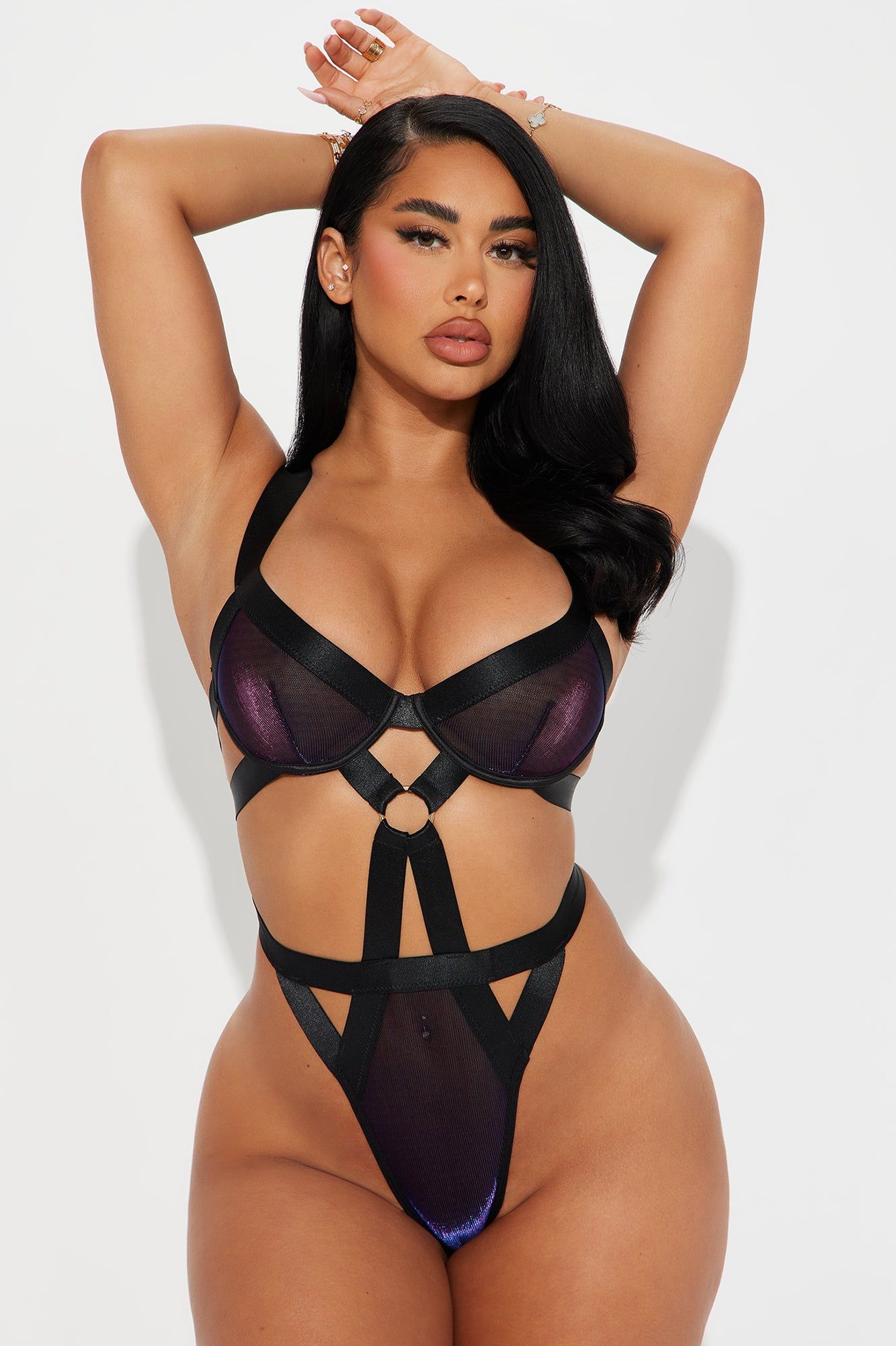 Euphoric Nights Iridescent Strappy Teddy - Purple/combo sold by Fashion Nova