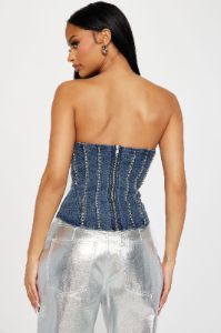 No Need For Talks Denim Corset Top - Medium Wash sold by Fashion Nova