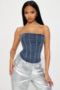 No Need For Talks Denim Corset Top - Medium Wash sold by Fashion Nova