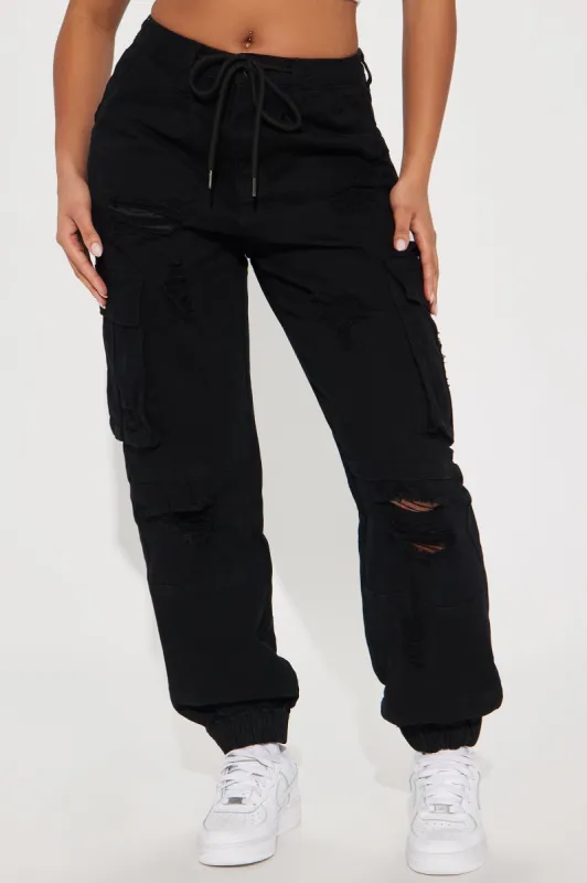 Main Chick Distressed Cargo Jogger - Black sold by Fashion Nova