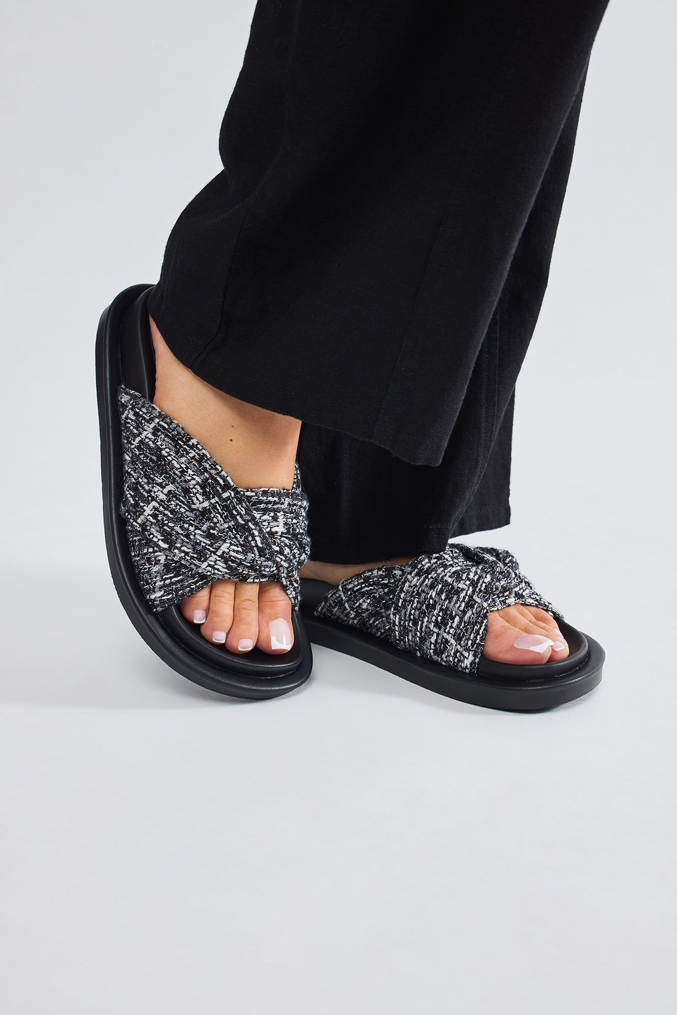 Cassandra Tweed Slides - Black sold by Fashion Nova