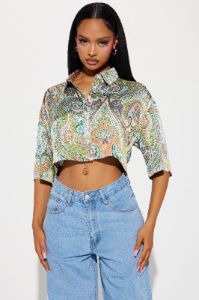 Naomi Satin Shirt - Green/combo sold by Fashion Nova