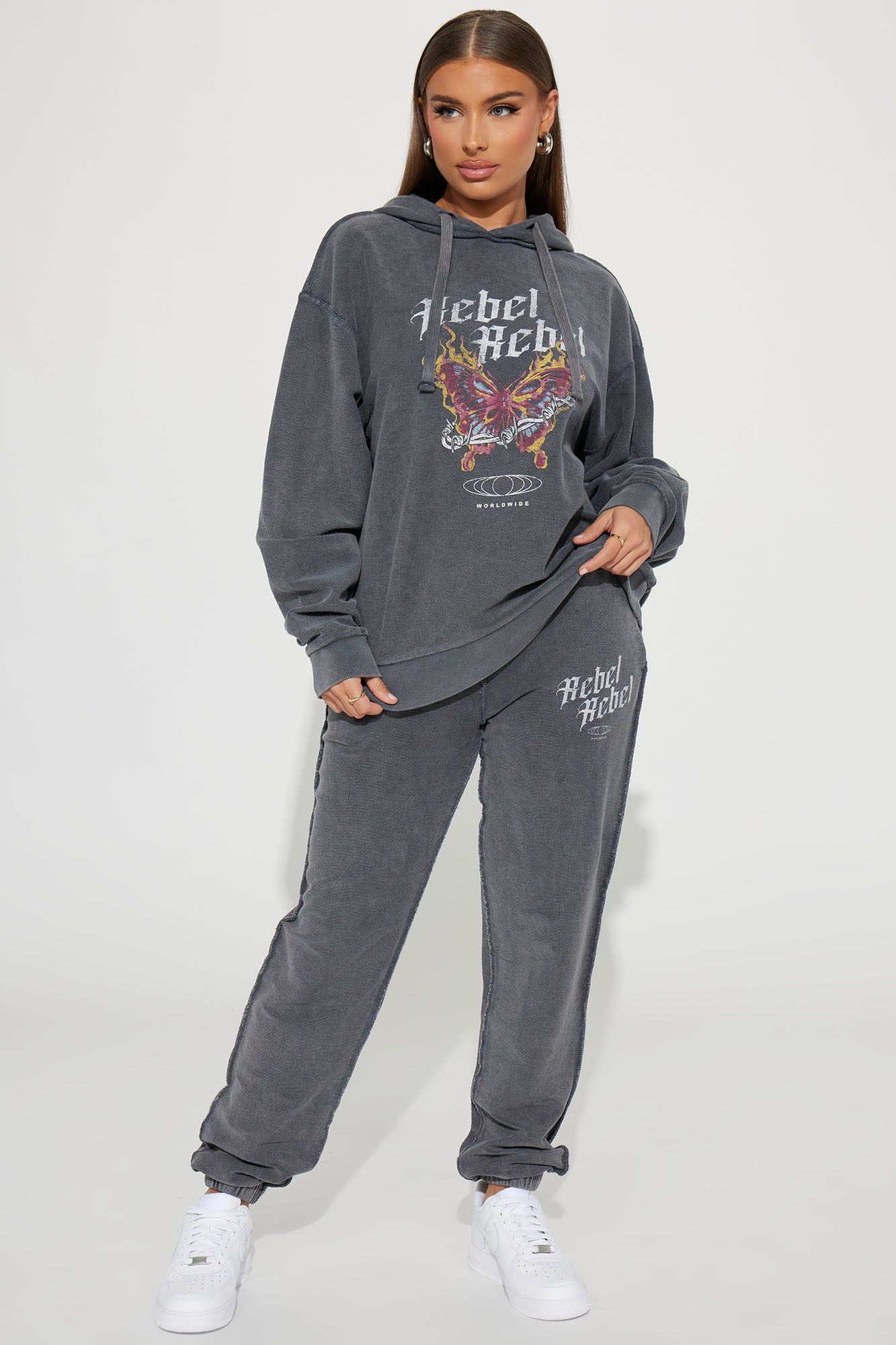 Always A Rebel Sweatsuit - Charcoal sold by Fashion Nova