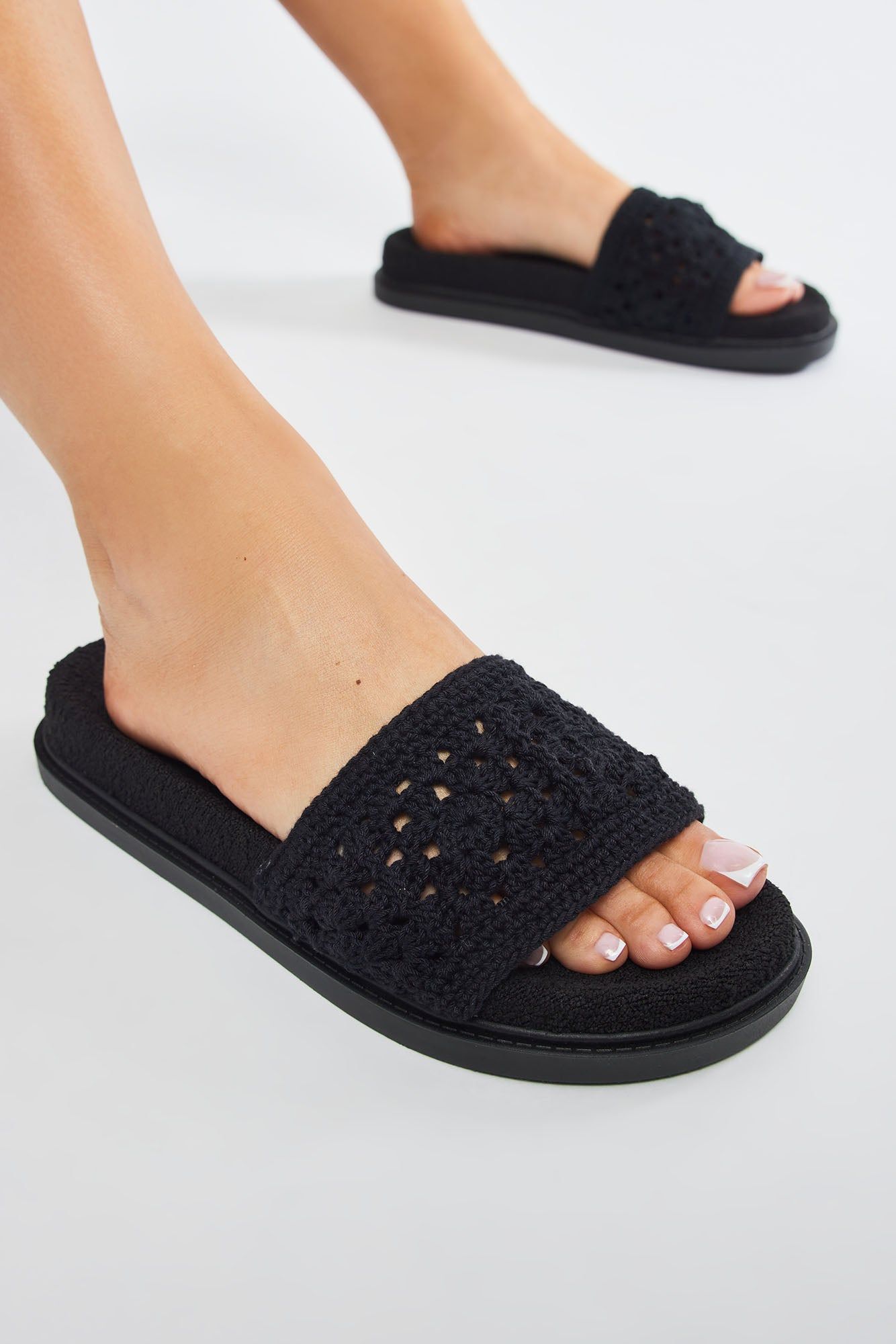 Laid Back Vacay Crochet Slides - Black sold by Fashion Nova