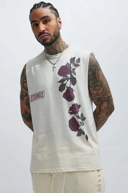 Count Your Blessings Sleeveless Tee - Natural/Combo sold by Fashion Nova
